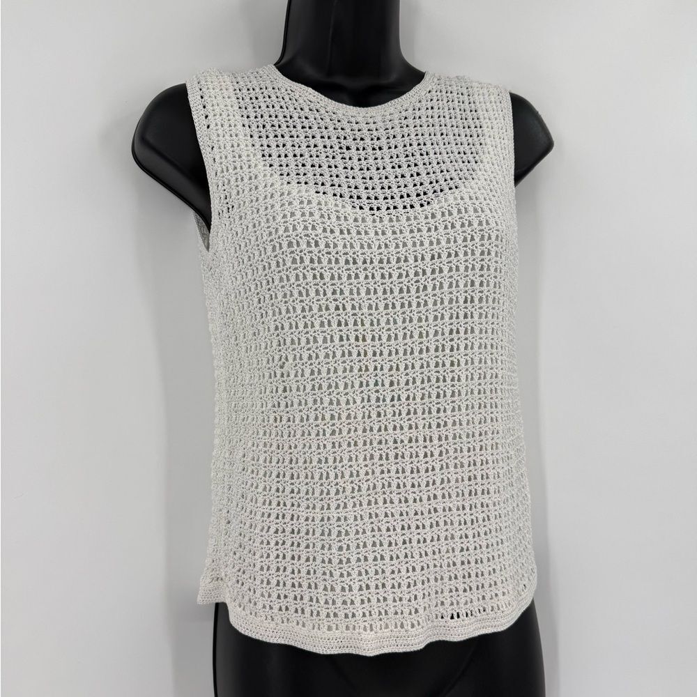 Anne Klein Layered Open Knit Crochet Tank Top in Ivory | Medium Petite